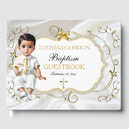 Livro De Visitas Batismo de Menino Branco e Dourado com Cruz