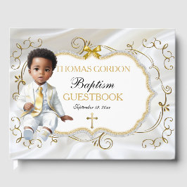 Livro De Visitas Batismo de Menino Branco e Dourado com Cruz