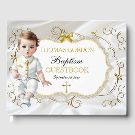 Livro De Visitas Batismo de Menino Branco e Dourado com Cruz