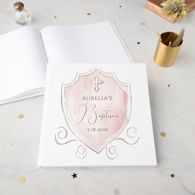 Livro De Visitas Batismo Elegante Pink Watercolor (Frente aberta)