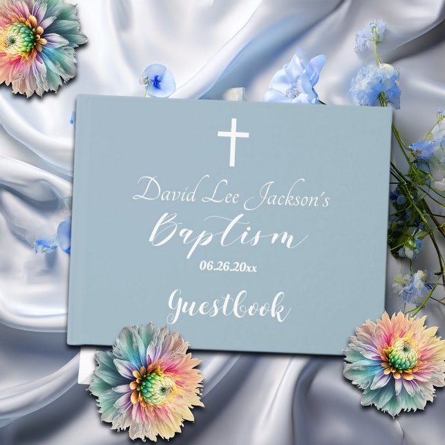 Livro De Visitas Batismo Moderno Christening White Cross Dusty Blue (Criador carregado)