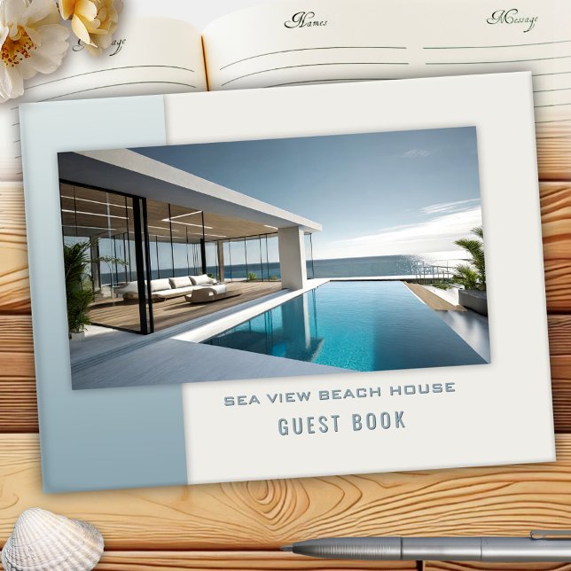Livro De Visitas Beach House B e B Rental Foto Guest Book (Beach house guest book featuring your custom photo framed by a minimalist blue and ivory design)