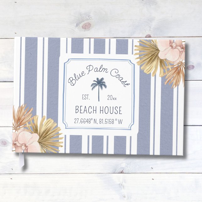 Livro De Visitas Beach House Blue Stripes Coastal Boho Farmhouse (Close up)