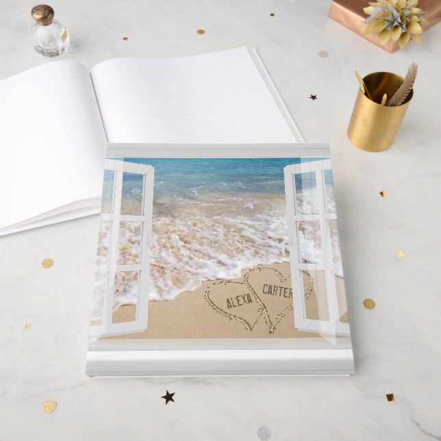 Livro De Visitas Beach Wedding Hearts in Window  (Frente aberta)