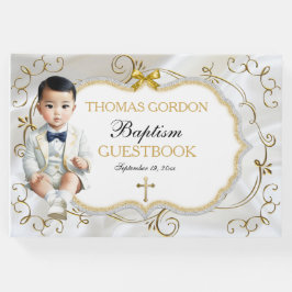 Livro De Visitas Bebê asiático Batismo Natal Branco e Dourado