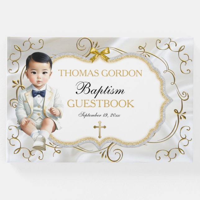 Livro De Visitas Bebê asiático Batismo Natal Branco e Dourado (Frente)