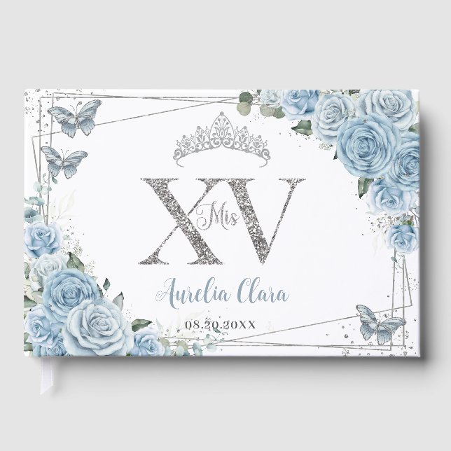 Livro De Visitas Bebê Azul Borboletas Silver Quinceanera XV (Frente)