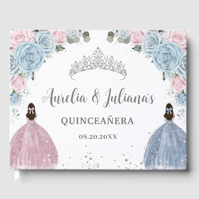 Livro De Visitas Bebê Blue Pink Princas Florais Gêmeas Quinceañera (Frente)