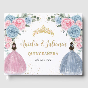 Livro De Visitas Bebê Cor-de-rosa Princesas Florais Gêmeas Quinceañ