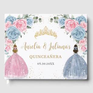 Livro De Visitas Bebê Cor-de-rosa Princesas Florais Gêmeas Quinceañ