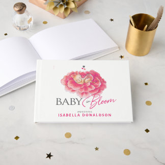 Livro De Visitas Bebê em flor capricho aquarela baby shower rosa