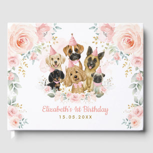 Livro De Visitas Bebê Pet Dogs Dourados Rosa Blush Aniversário