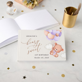 Livro De Visitas Bebê Urso, Balões Roxos, Primeiro Aniversário