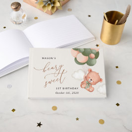 Livro De Visitas Bebê Urso, Balões Verdes, Primeiro Aniversário