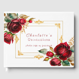 Livro De Visitas Bela Rosas Vermelhas em Filigrana Dourada Quinceañ