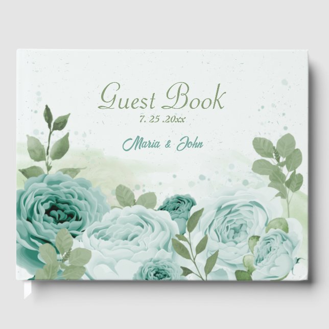 Livro De Visitas belas flores azuis, casamento botânico verde (Frente)