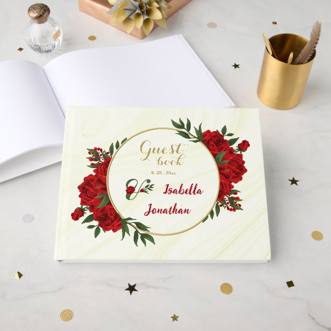 Livro De Visitas belas flores vermelhas verde (Frente aberta)