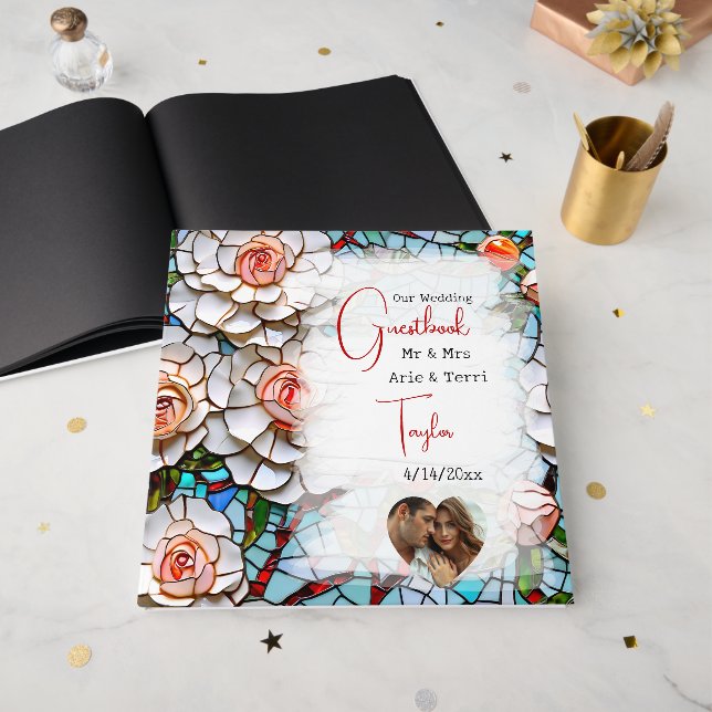 Livro De Visitas Belo Casamento de Vidro e Azulejo Márabe (Frente aberta)