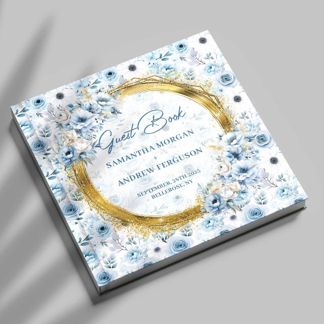 Livro De Visitas Belo Casamento Dourado de Flores Azuis Luz (Beautiful Light Blue Flowers Gold Glitter Wedding Guest Book)