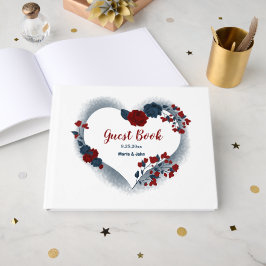 Livro De Visitas belo marinho, flores azuis e vermelhas, coração fl