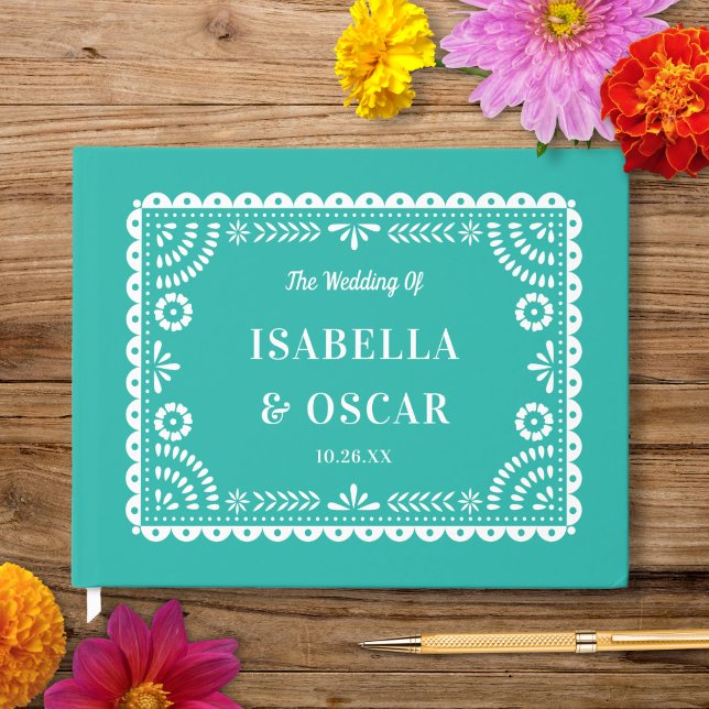 Livro De Visitas Belo Ornamentado Papel Picado Aqua Wedding (Criador carregado)