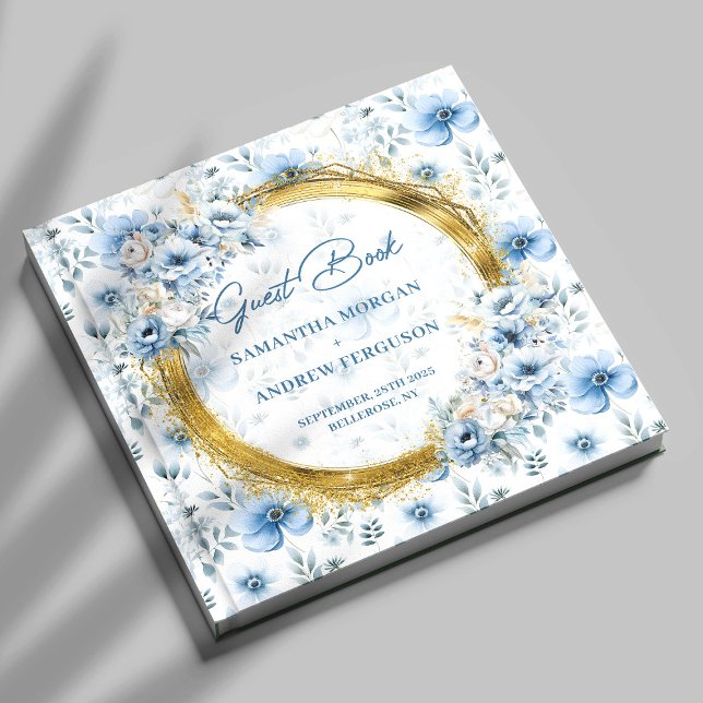 Livro De Visitas Belo Pastel Azul Flores Douradas Casamento Luminos (Beautiful Pastel Blue Flowers Gold Glitter Wedding Guest Book)
