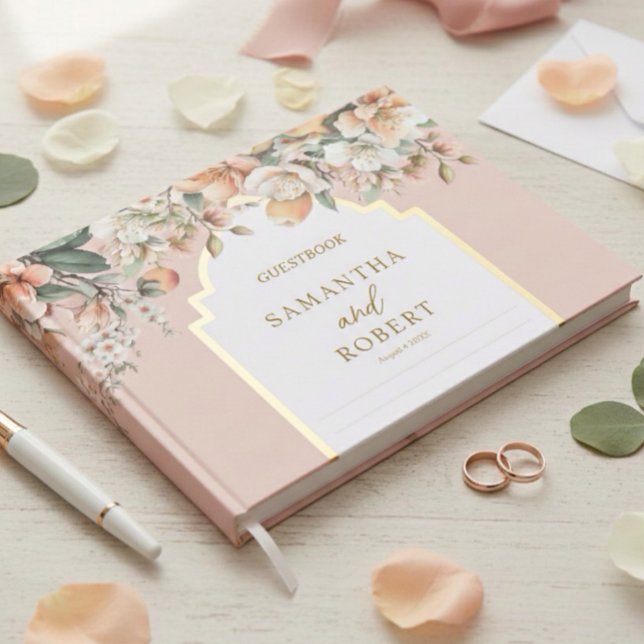 Livro De Visitas Belo Pêssego e Dourado Casamento Floral (Criador carregado)