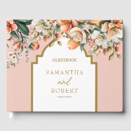 Livro De Visitas Belo Pêssego e Dourado Casamento Floral