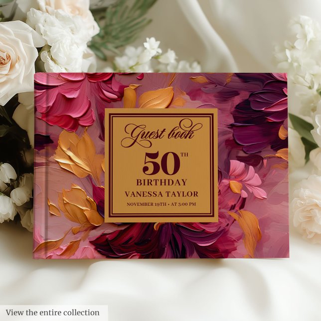 Livro De Visitas Belo Vermelho Escuro Dourado Floral 50º Aniversári (Lovely Dark Red Blush Gold Floral 50th Birthday Guest Book)