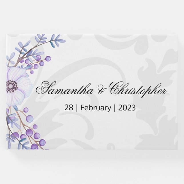 Livro De Visitas Berries roxos e Casamentos tema damasco Cinzas (Frente)