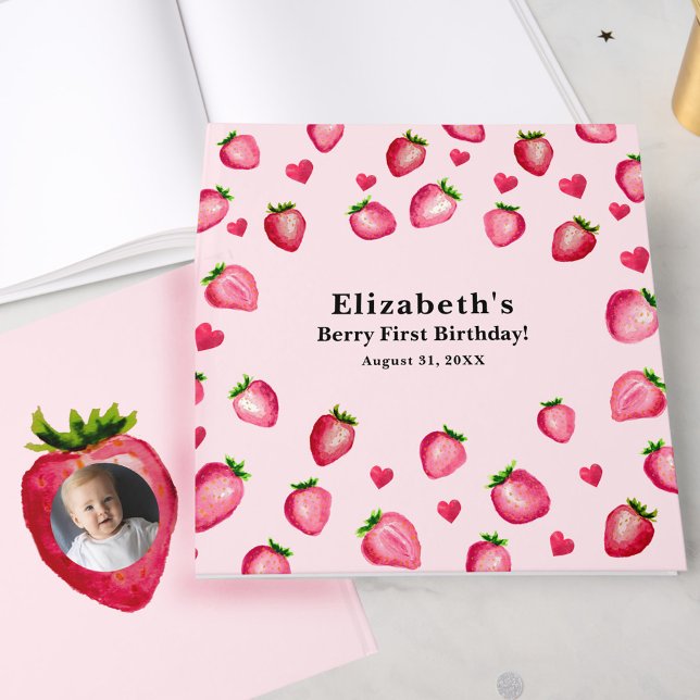 Livro De Visitas Berry First Pink Birthday Strawberry Custom Photo (Criador carregado)