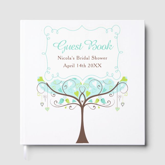 Livro De Visitas Birds Hearts Tree Blue and Green Bridal Shower (Frente)