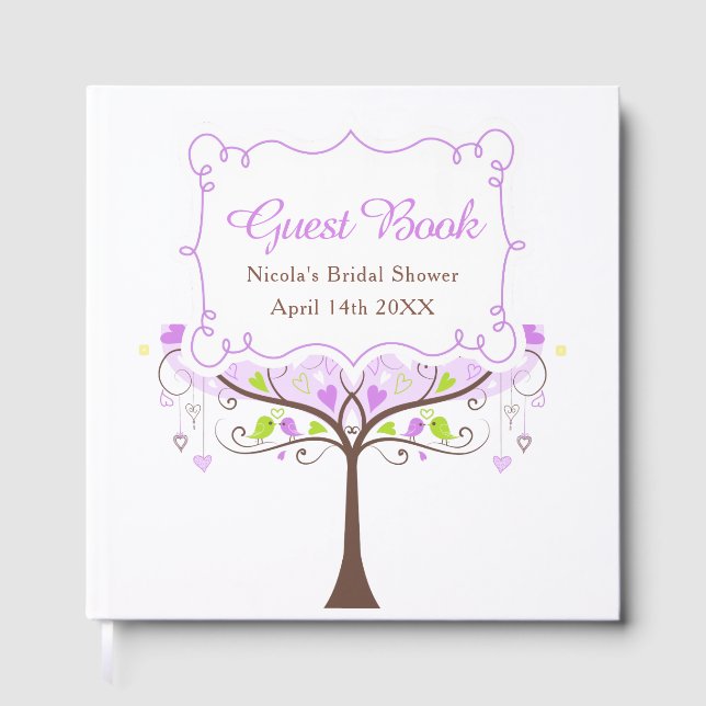 Livro De Visitas Birds Hearts Tree Purple and Green Bridal Shower (Frente)