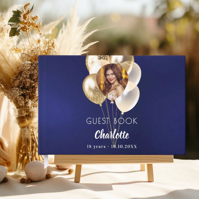 Livro De Visitas Birthday navy blue photo gold balloons (Criador carregado)