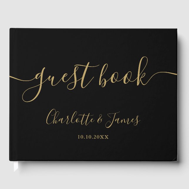 Livro De Visitas Black And Gold Signature Script Photo Wedding (Frente)