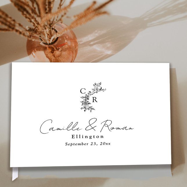 Livro De Visitas Black and White Flora Monogram Calligraphy Wedding (Criador carregado)