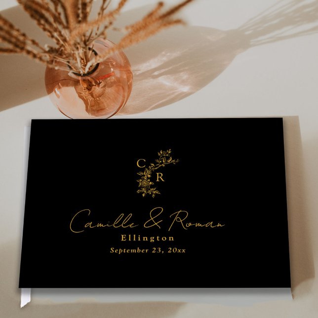 Livro De Visitas Black/Gold Floral Monogram Calligraphy Wedding (Criador carregado)