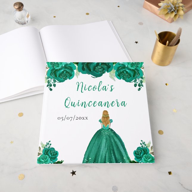 Livro De Visitas Blonde Hair Princess Green Quinceanera Guest Book (Frente aberta)