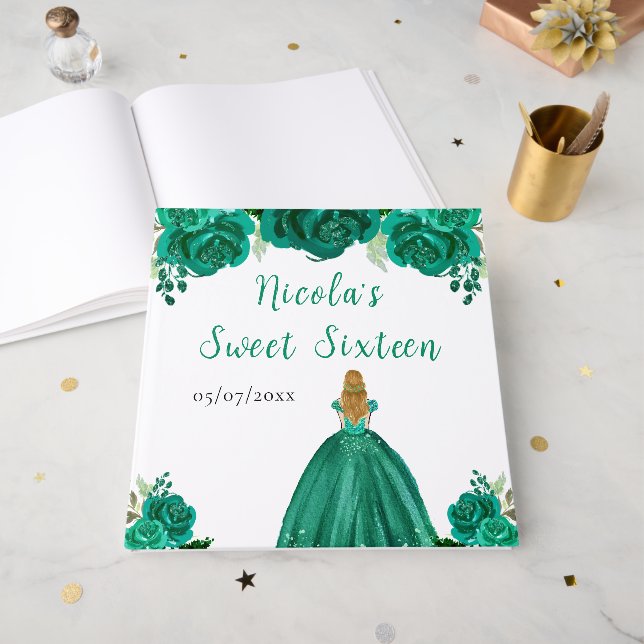 Livro De Visitas Blonde Hair Princess Green Sweet 16 Guest Book (Frente aberta)