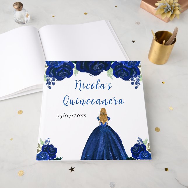 Livro De Visitas Blonde Hair Princess Navy Quinceanera Guest Book (Frente aberta)