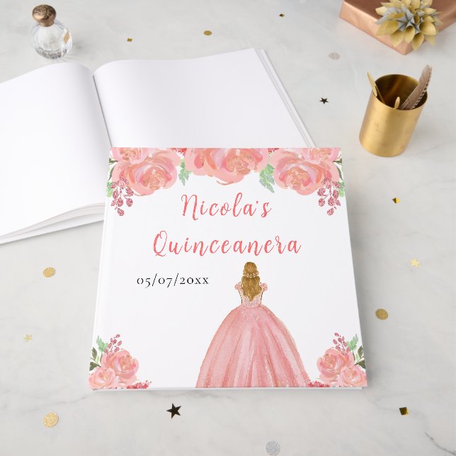 Livro De Visitas Blonde Hair Princess Pink Quinceanera Guest Book (Frente aberta)