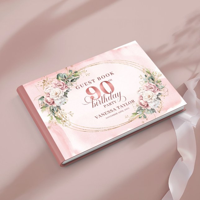 Livro De Visitas Blooming Rose Gold Floral Greenery 90th Birthday  (Blooming Rose Gold Floral Greenery 90th Birthday Guest Book

)