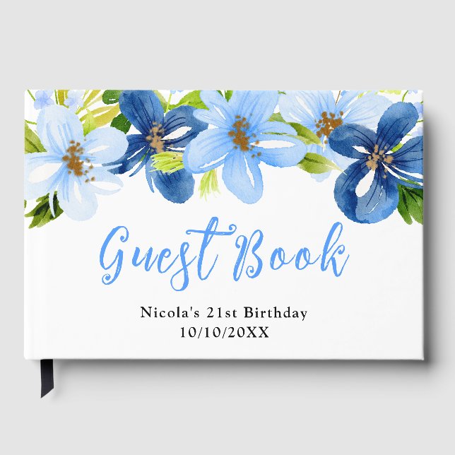 Livro De Visitas Blue and Navy Flowers with Foliage Birthday (Frente)