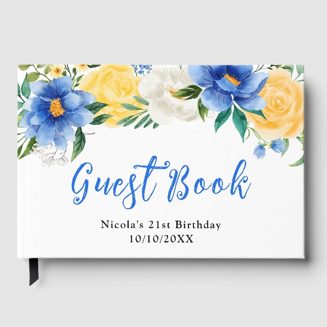 Livro De Visitas Blue and Yellow Flowers with Foliage Birthday (Frente)