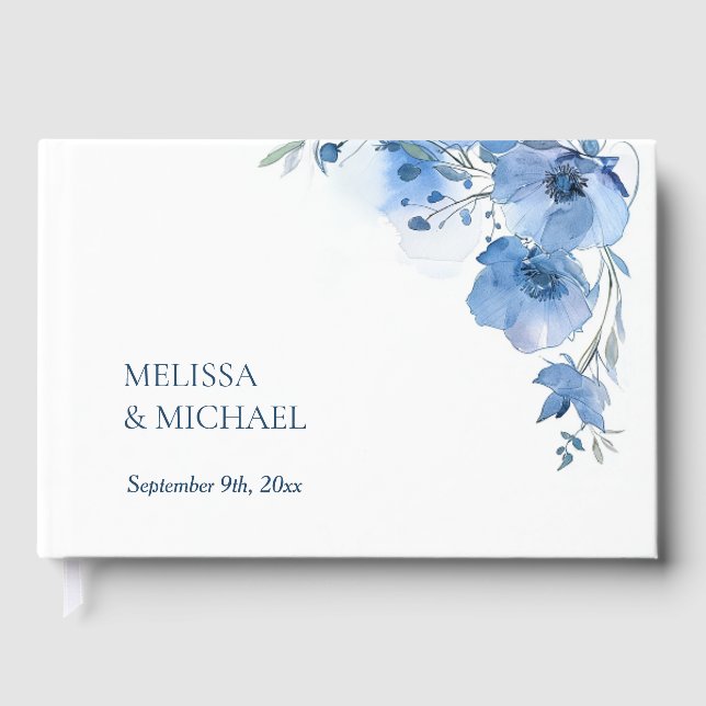 Livro De Visitas Blue Artistic Watercolor Floral Wedding (Frente)