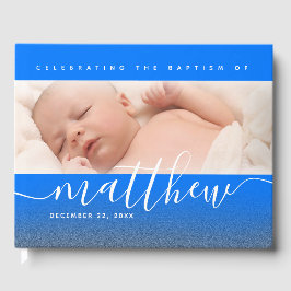 Livro De Visitas Blue Baby Photo Baptism Christening Cross Glitter