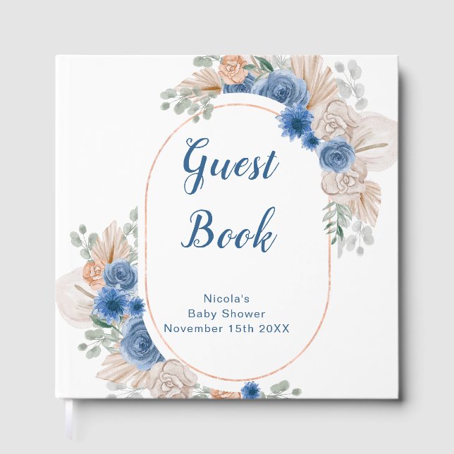 Livro De Visitas Blue Boho Pampas Grass Baby Shower (Frente)