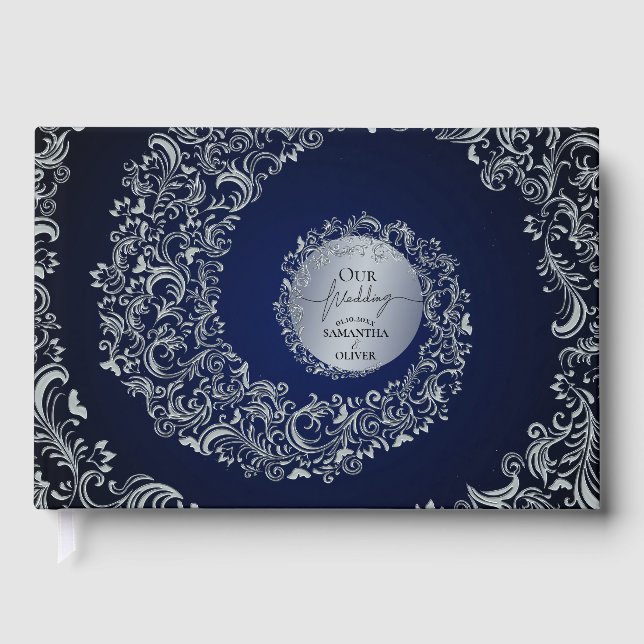 Livro De Visitas Blue Elegant Damask Wedding (Frente)