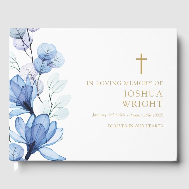 Livro De Visitas Blue Floral Christian No Loving Memory Funeral (Frente)