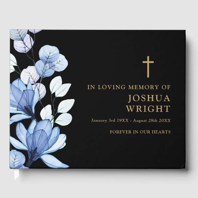 Livro De Visitas Blue Floral Christian No Loving Memory Funeral (Frente)